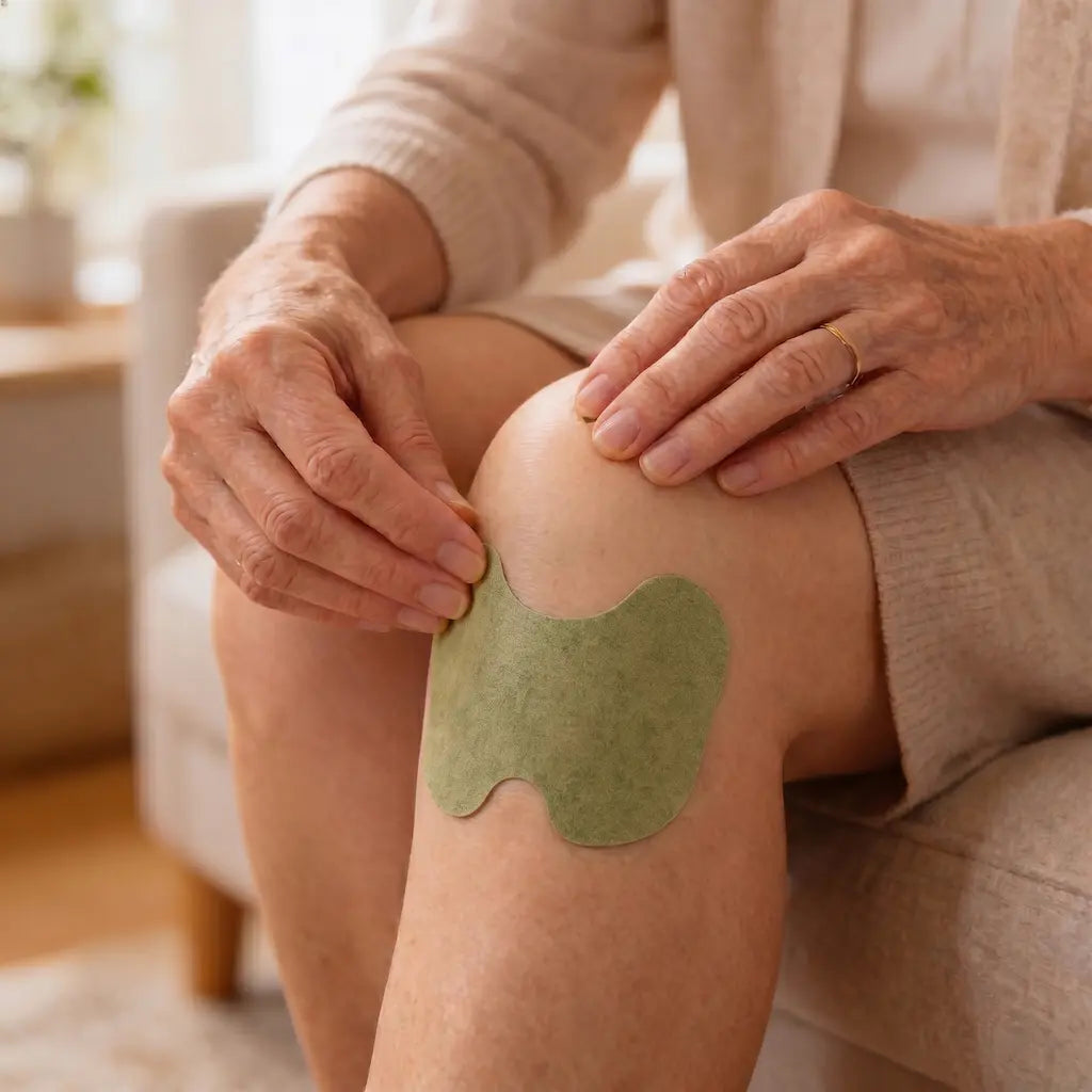 Application d'un patch chaleur apaisante Inolyo sur le genou